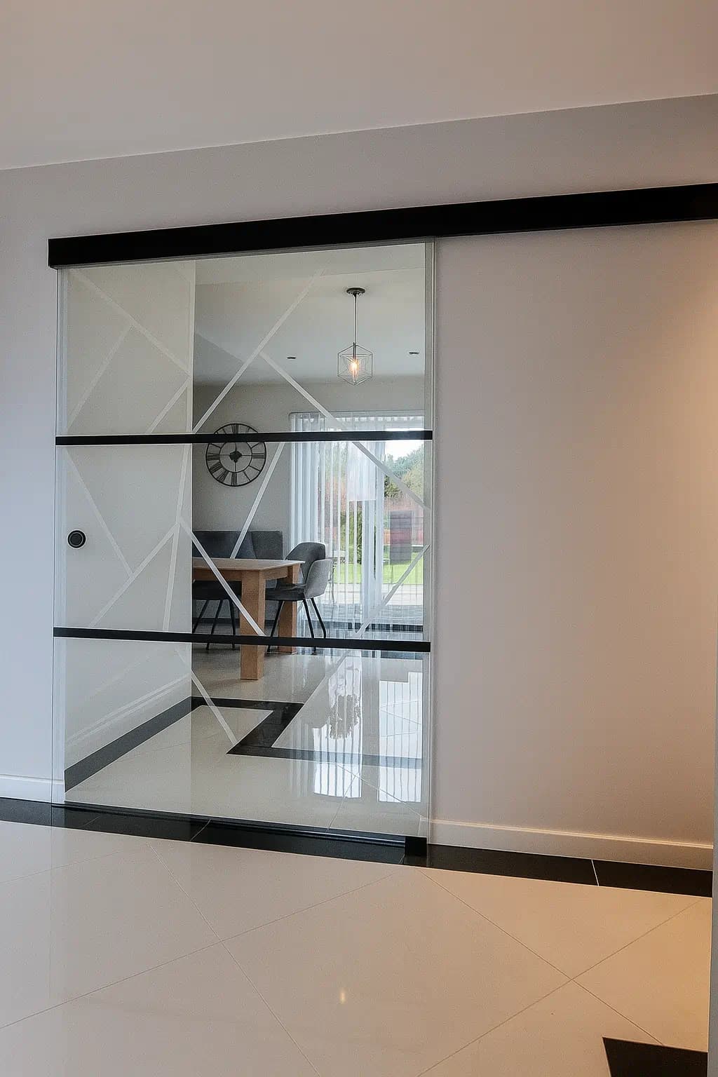 Porte coulissante en verre décoré avec rail noir